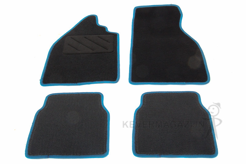 Vloermatten tapijt zwart met blauwe rand, 4 stuks.