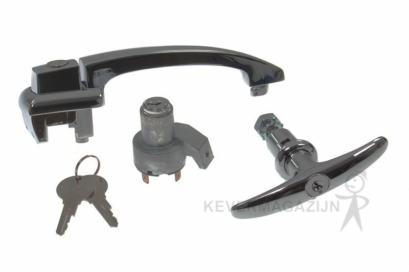 Deurklink links, contactslot en motorklep handgreep met sleutel.